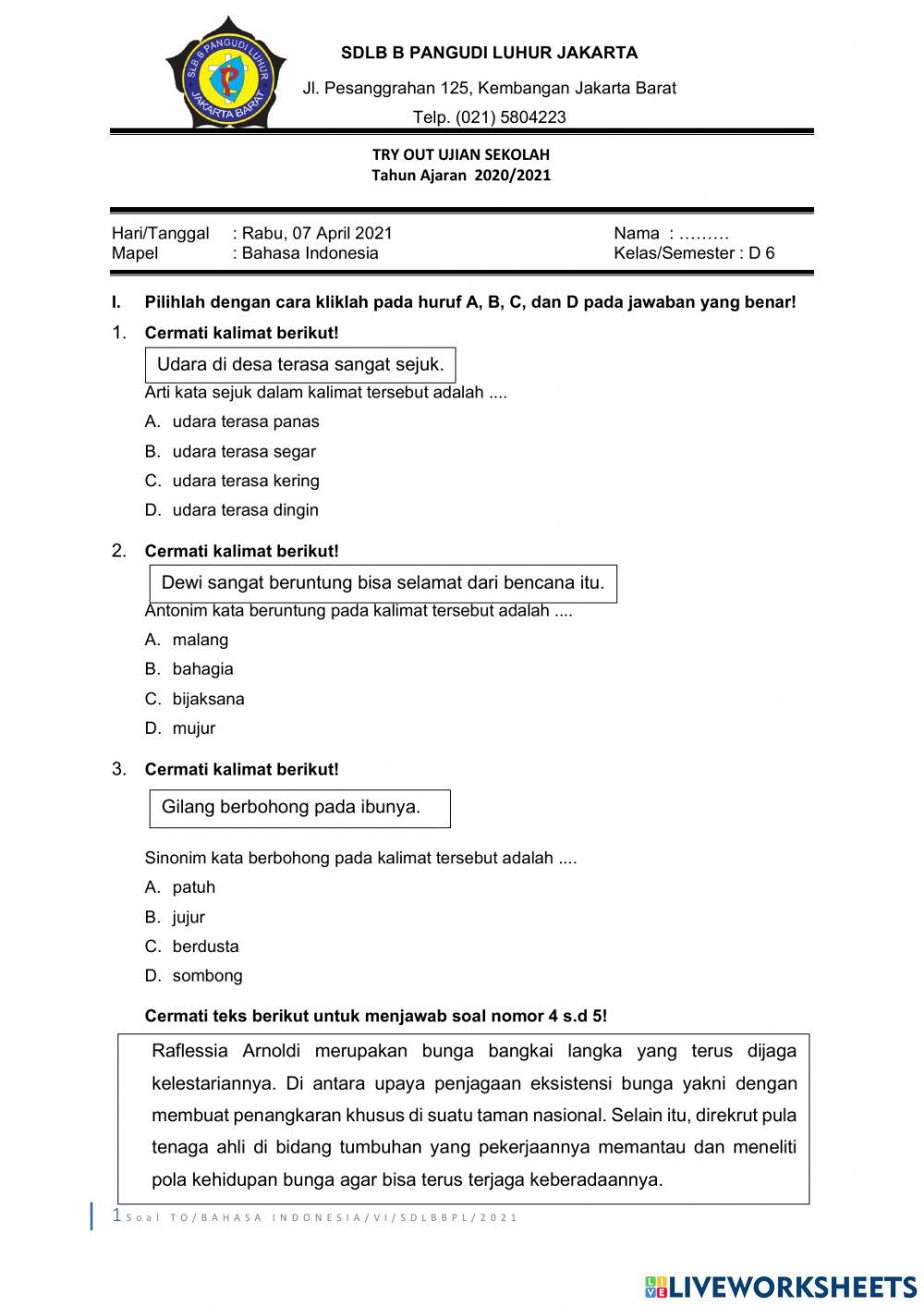 Soal Try Out bahasa Indonesia