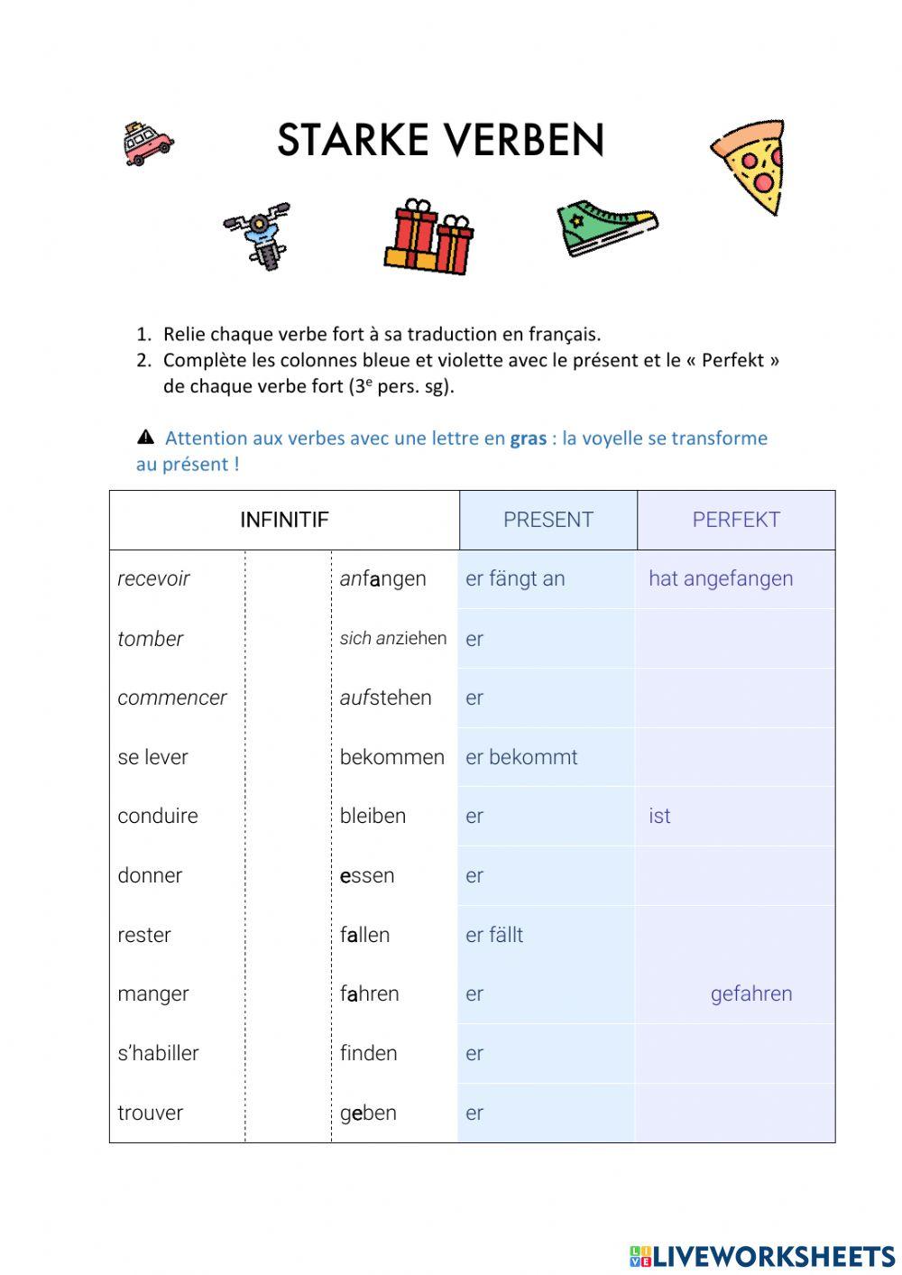 Starke Verben Verbes Forts allemands worksheet Live Worksheets