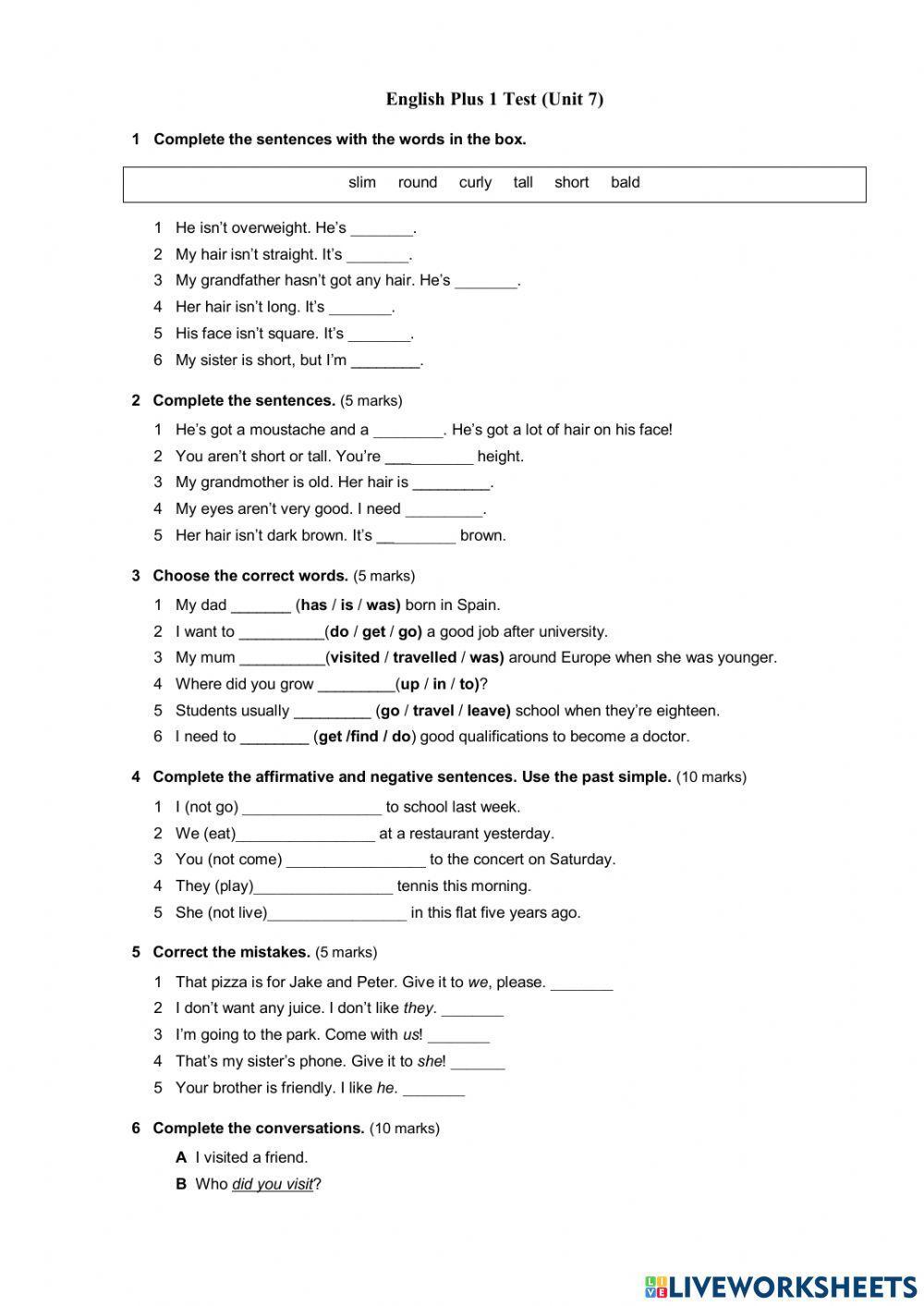English plus1 unit 7 test (vocabulary,grammar)