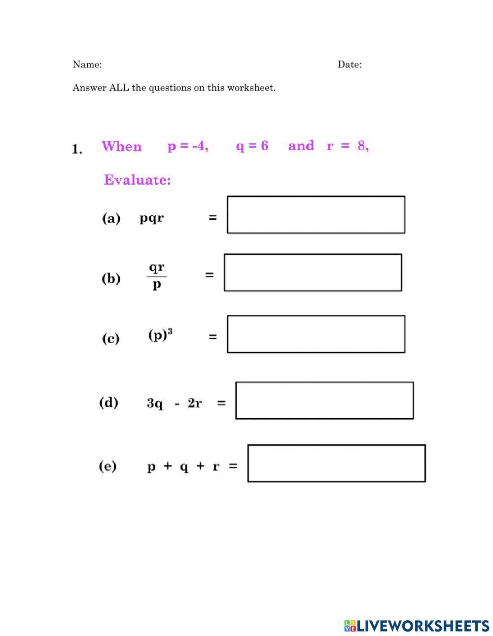 Algebra substitute and evaluate