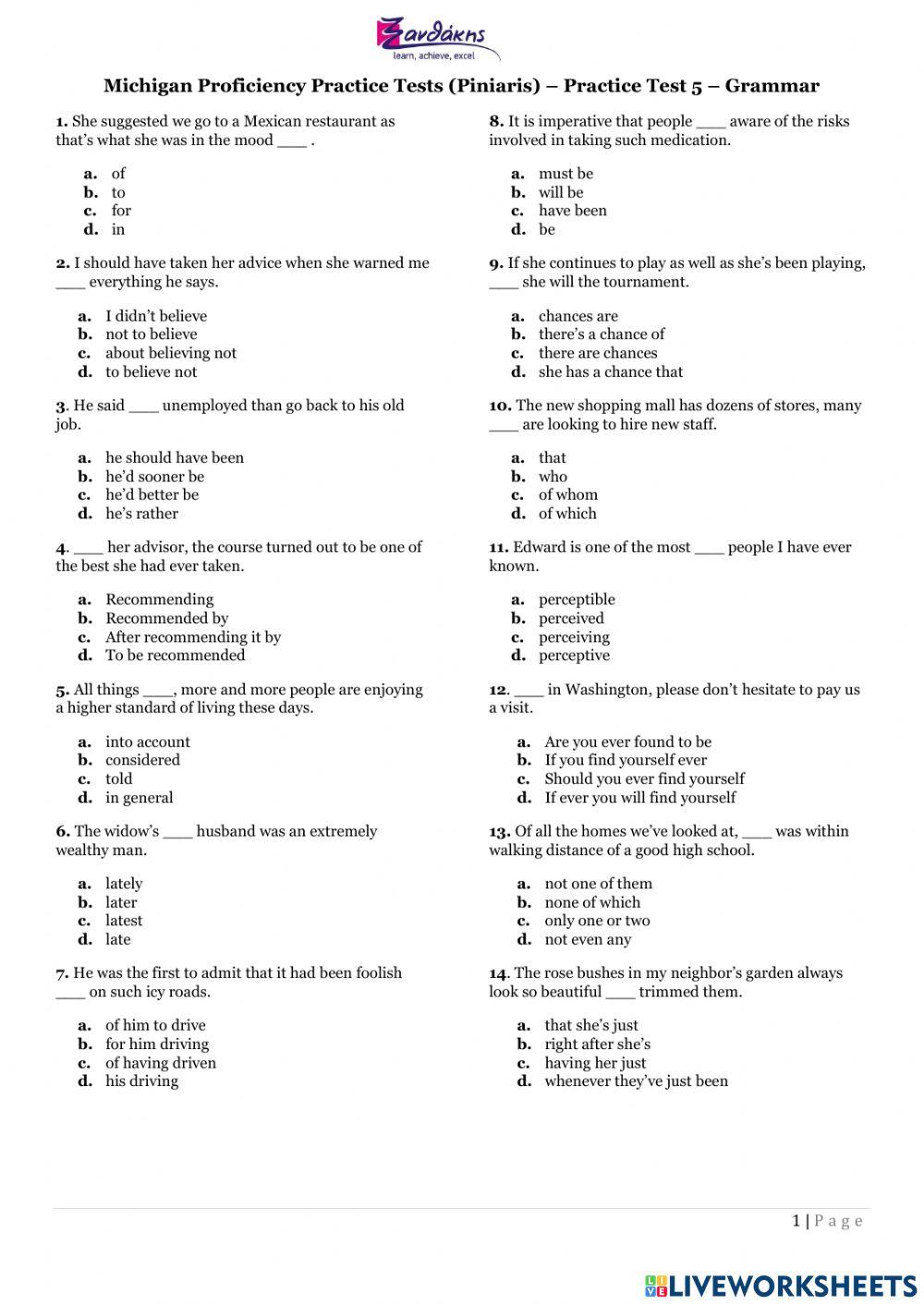 Piniaris - Practice test 5 - Grammar
