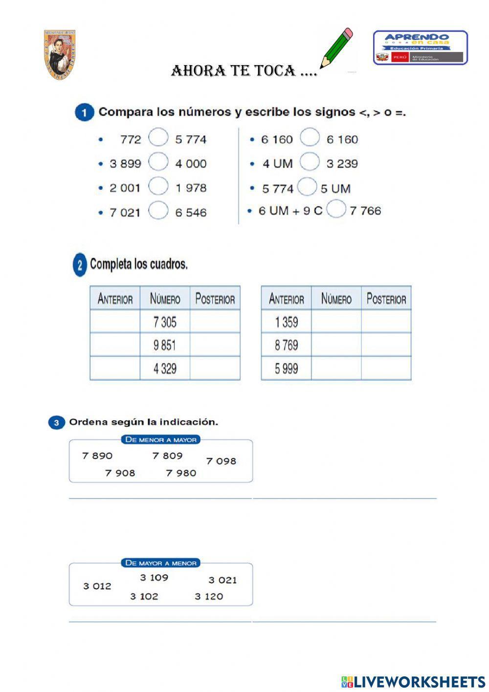 Orden de números de 4 cifras