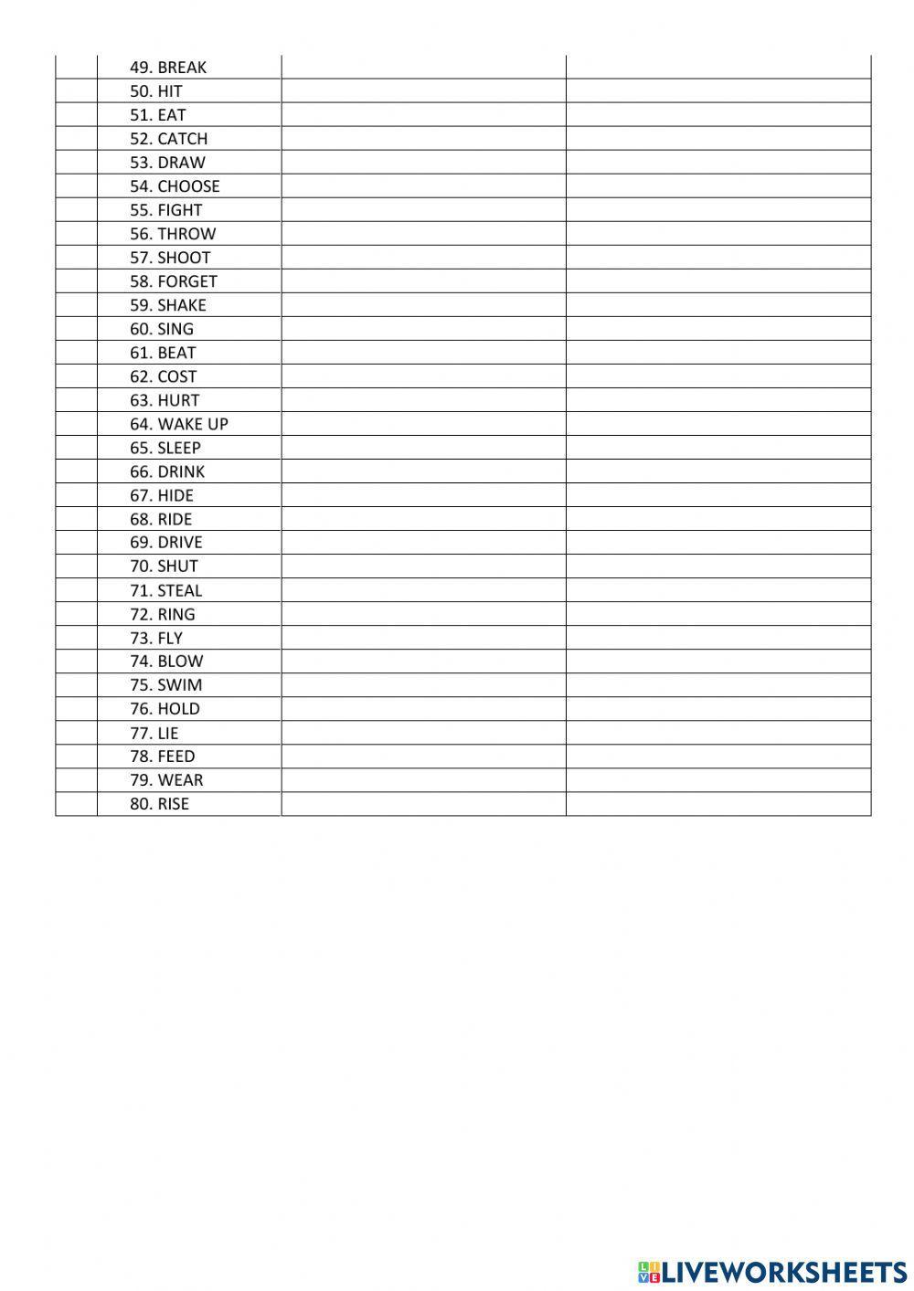 80 Irregular verbs to complete