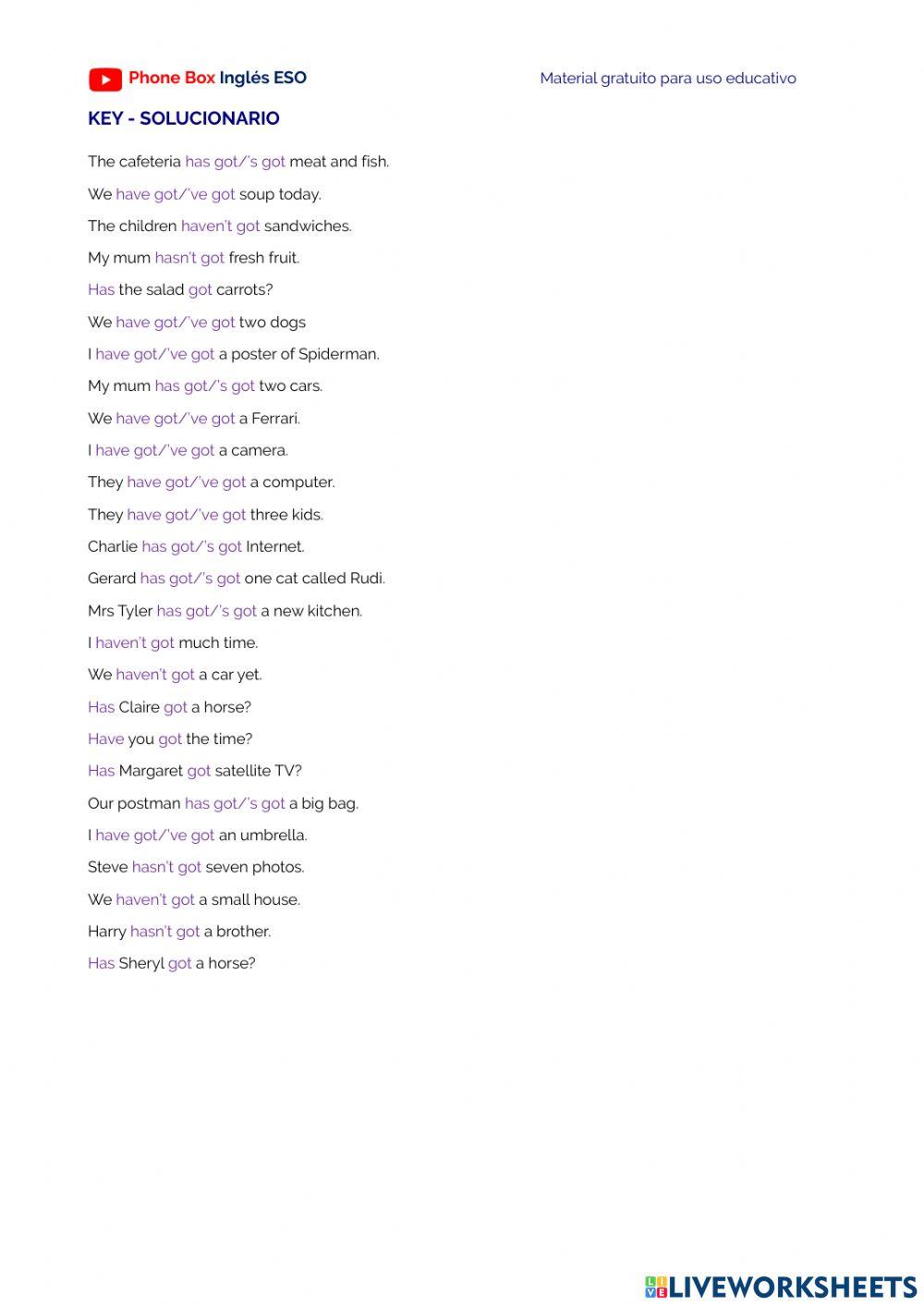 1º ESO Have got. ejercicio.1