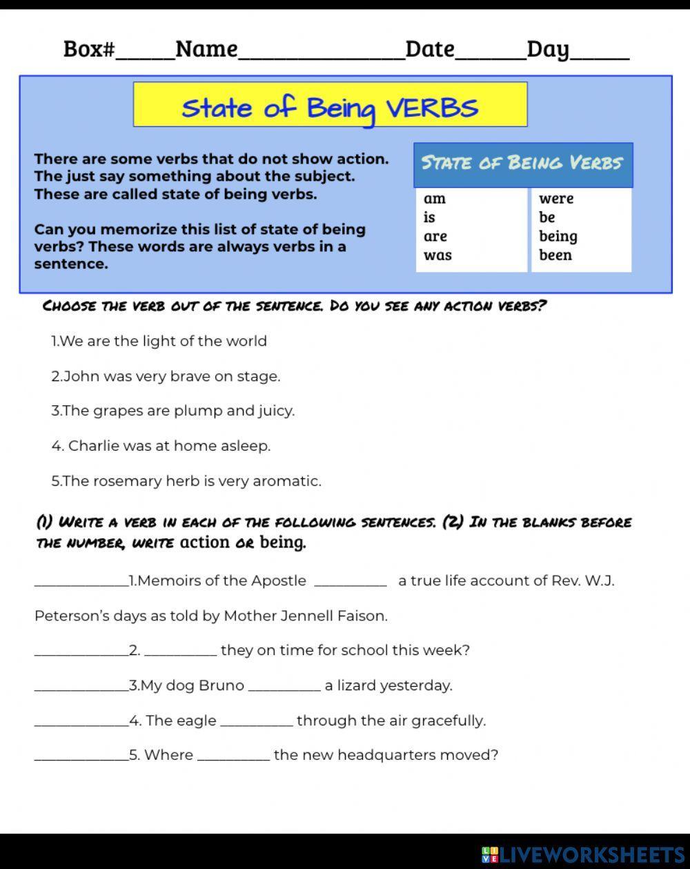 State of Being Verbs cw