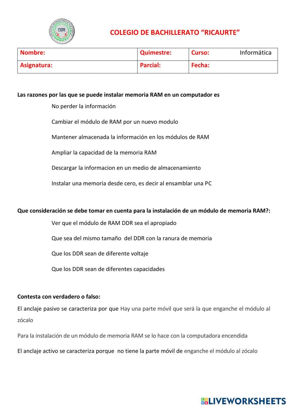 Ficha 03 memorias ram 2do informatica