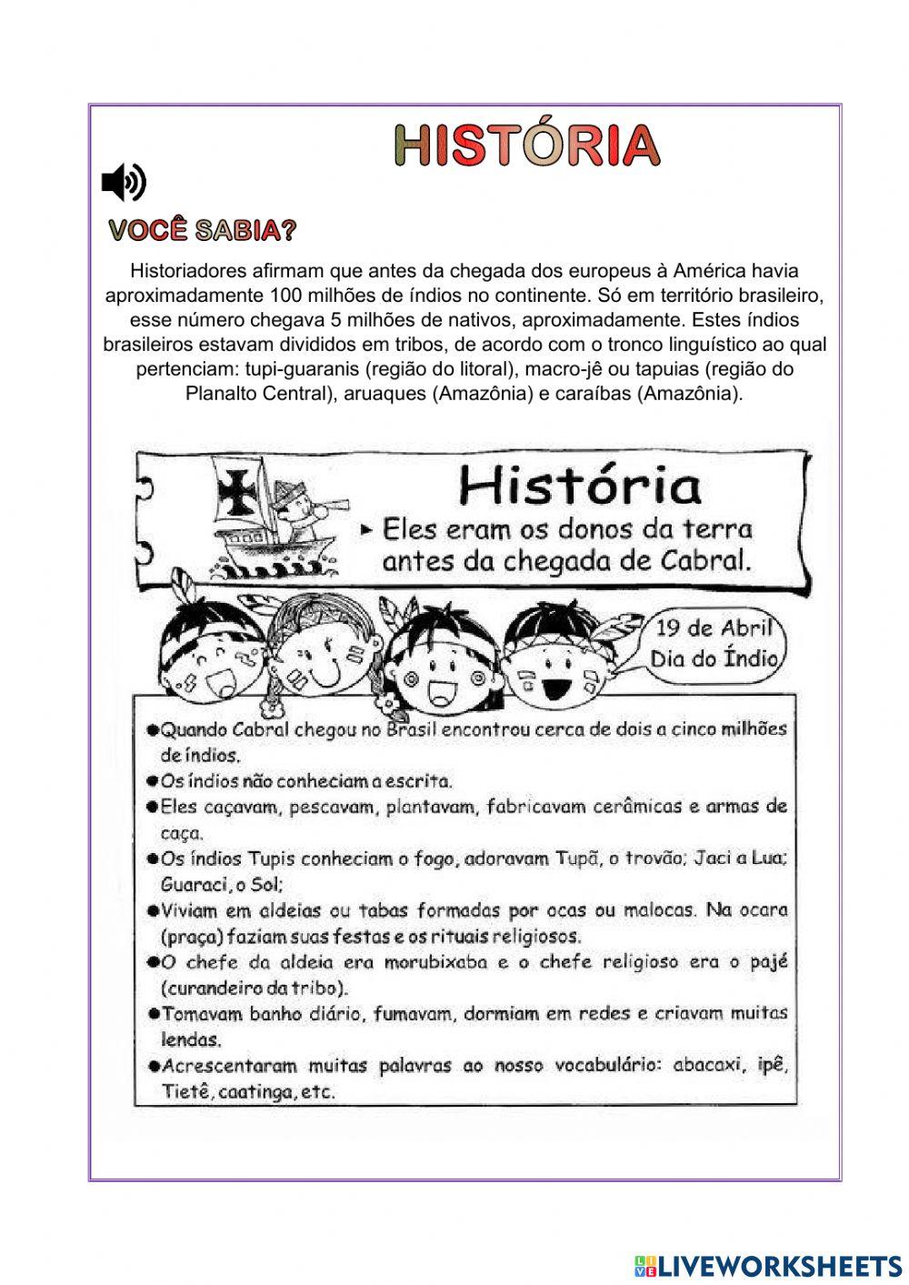 Atividade de portugues e história dia do indio - 5º ano