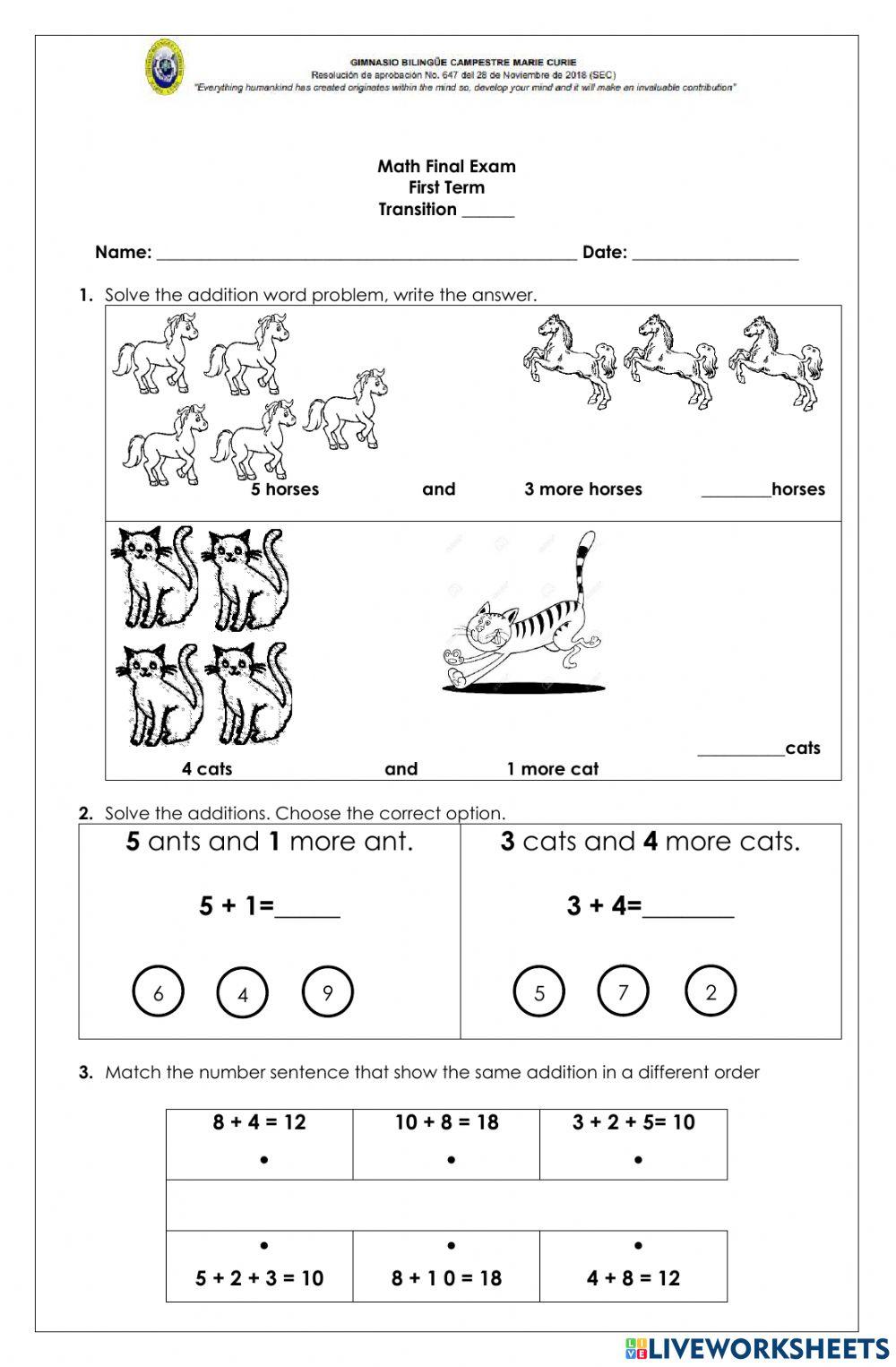 Math Exam Transition, 1st term worksheet | Live Worksheets