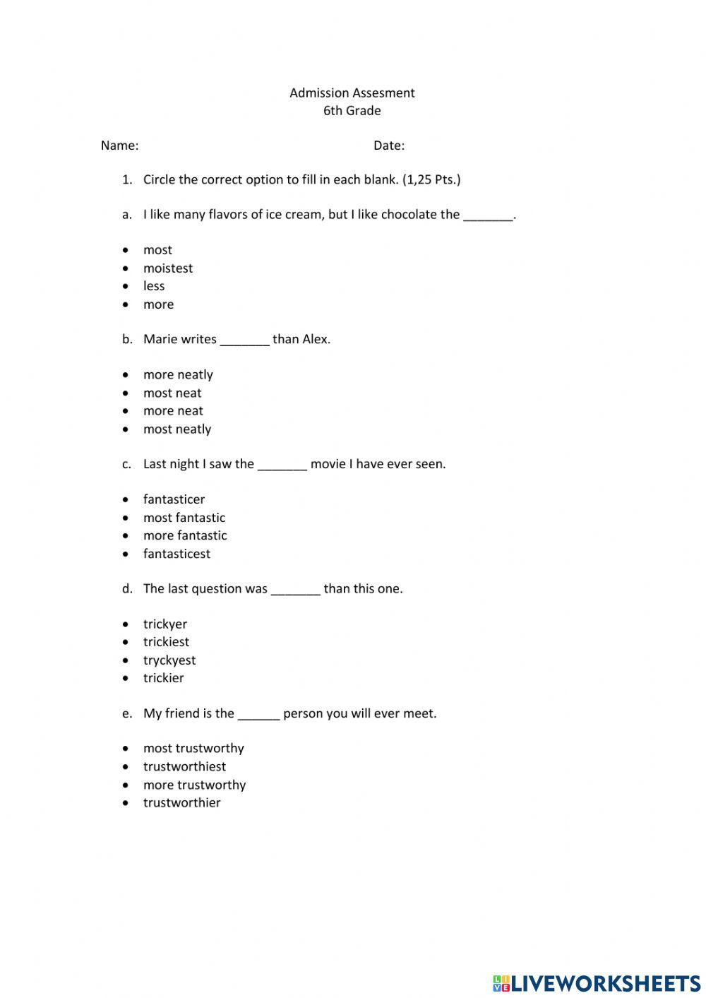 6th grade Diagnostic test