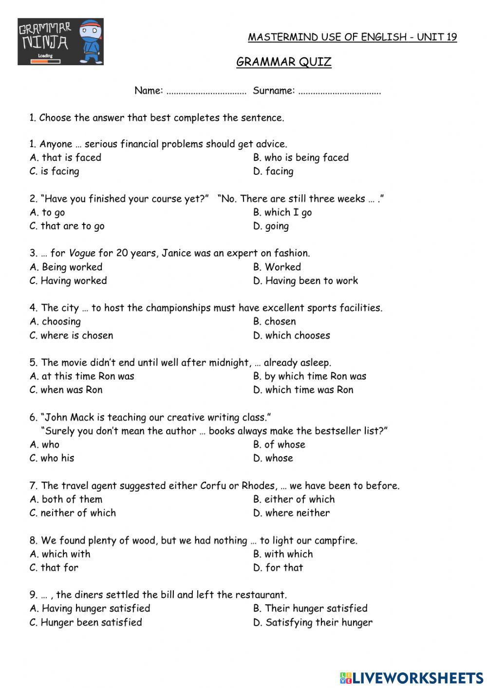 Mastermind Unit 19 Grammar Test