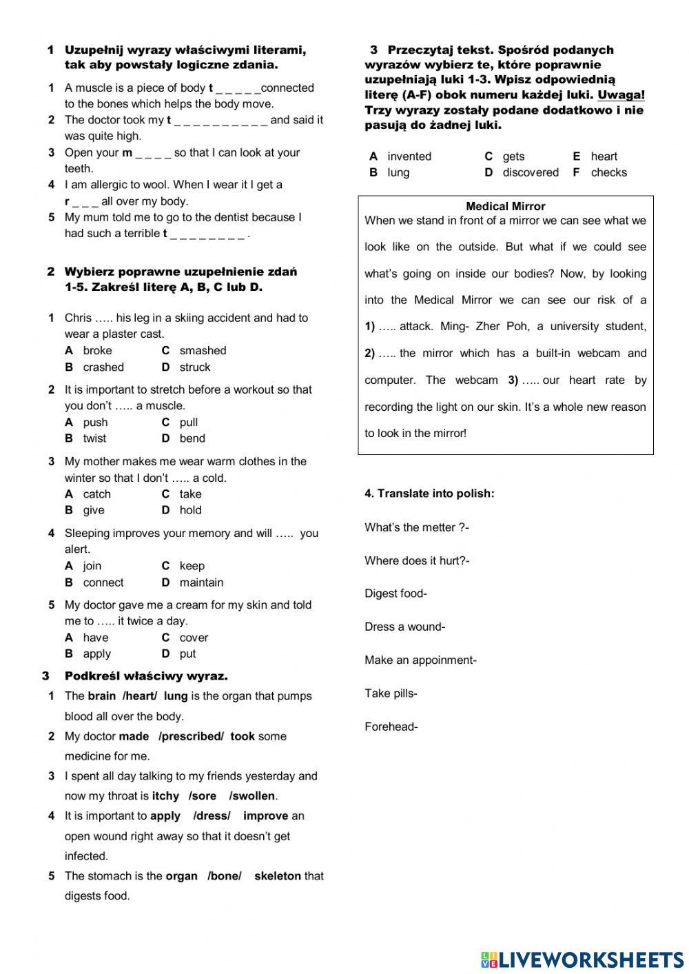 E8 U 11 Zdrowie słownictwo kartkówka