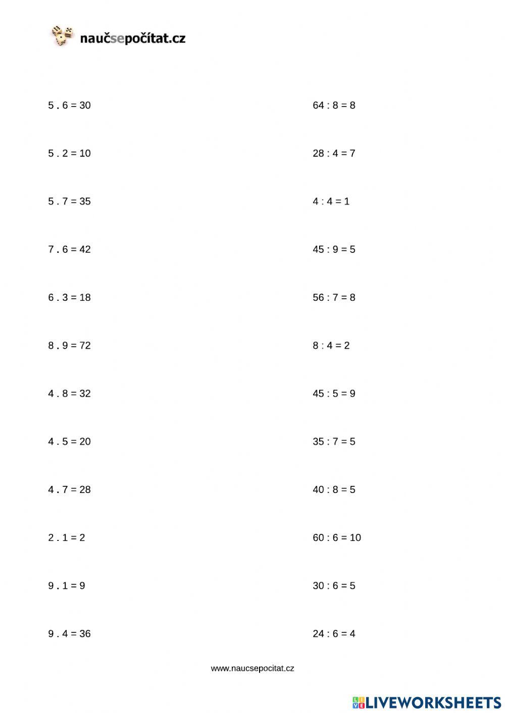Násobilka08 worksheet | Live Worksheets