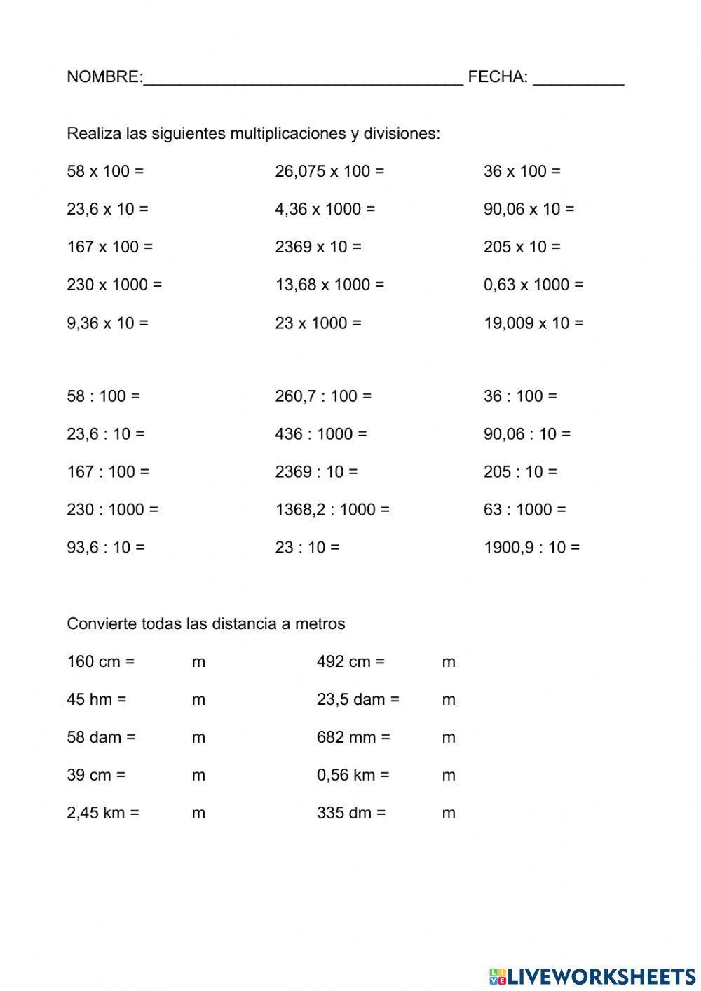 Multiplicar y dividir por la unidad seguida de ceros Multiplicar y dividir por la unidad seguida de ceros