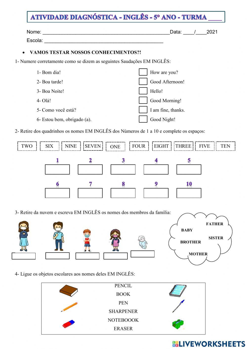 5° ano -INGLÊS- atividade diagnóstica - 07-04-21