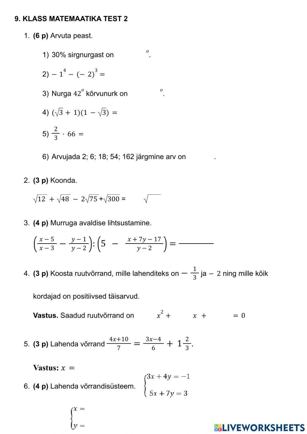 9. klassi kordamistest 2