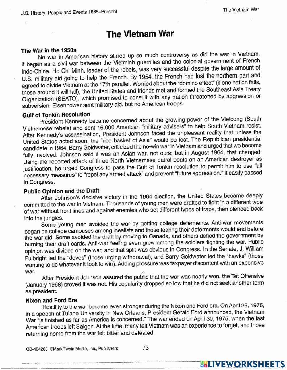 Vietnam War rkimball06 Live Worksheets