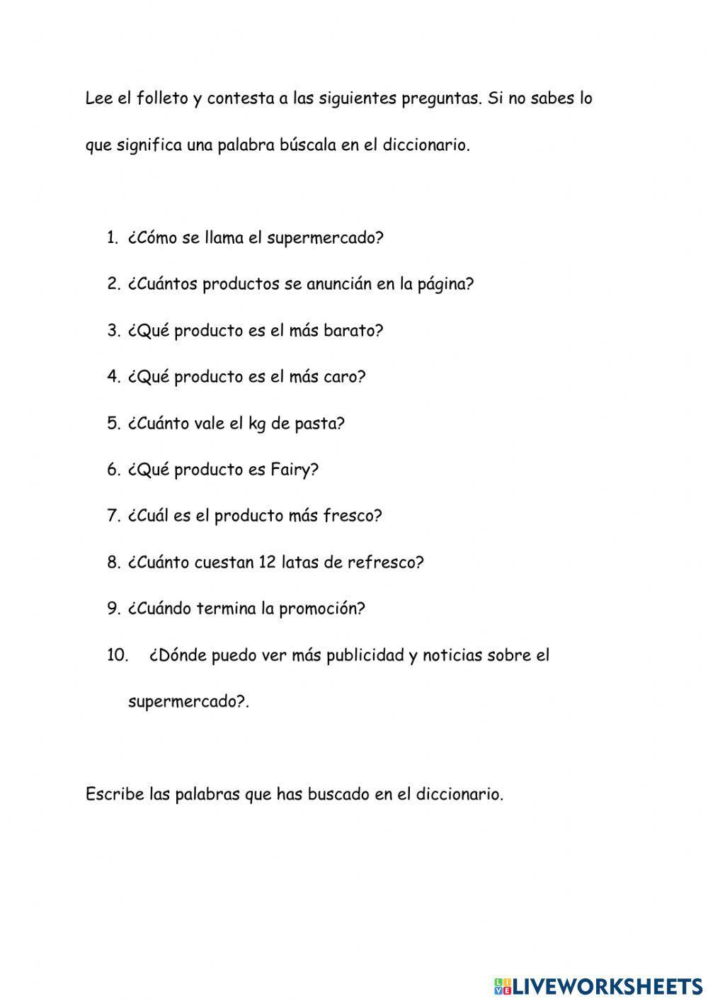 Lectura comprensiva de un hoja de supermercado.