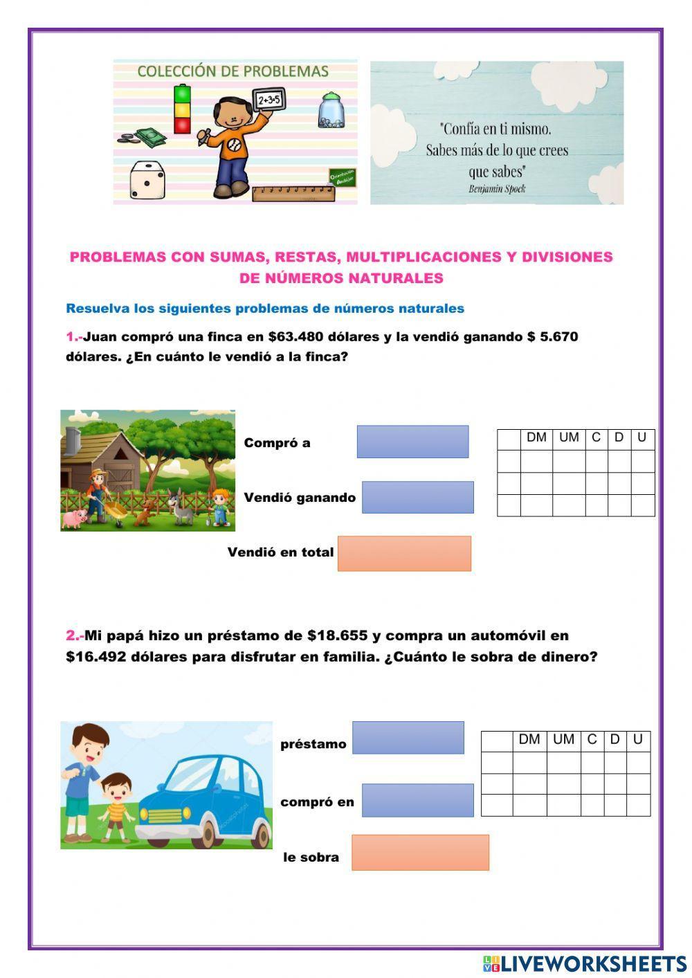 Problemas de suma resta multiplicación y división de naturales