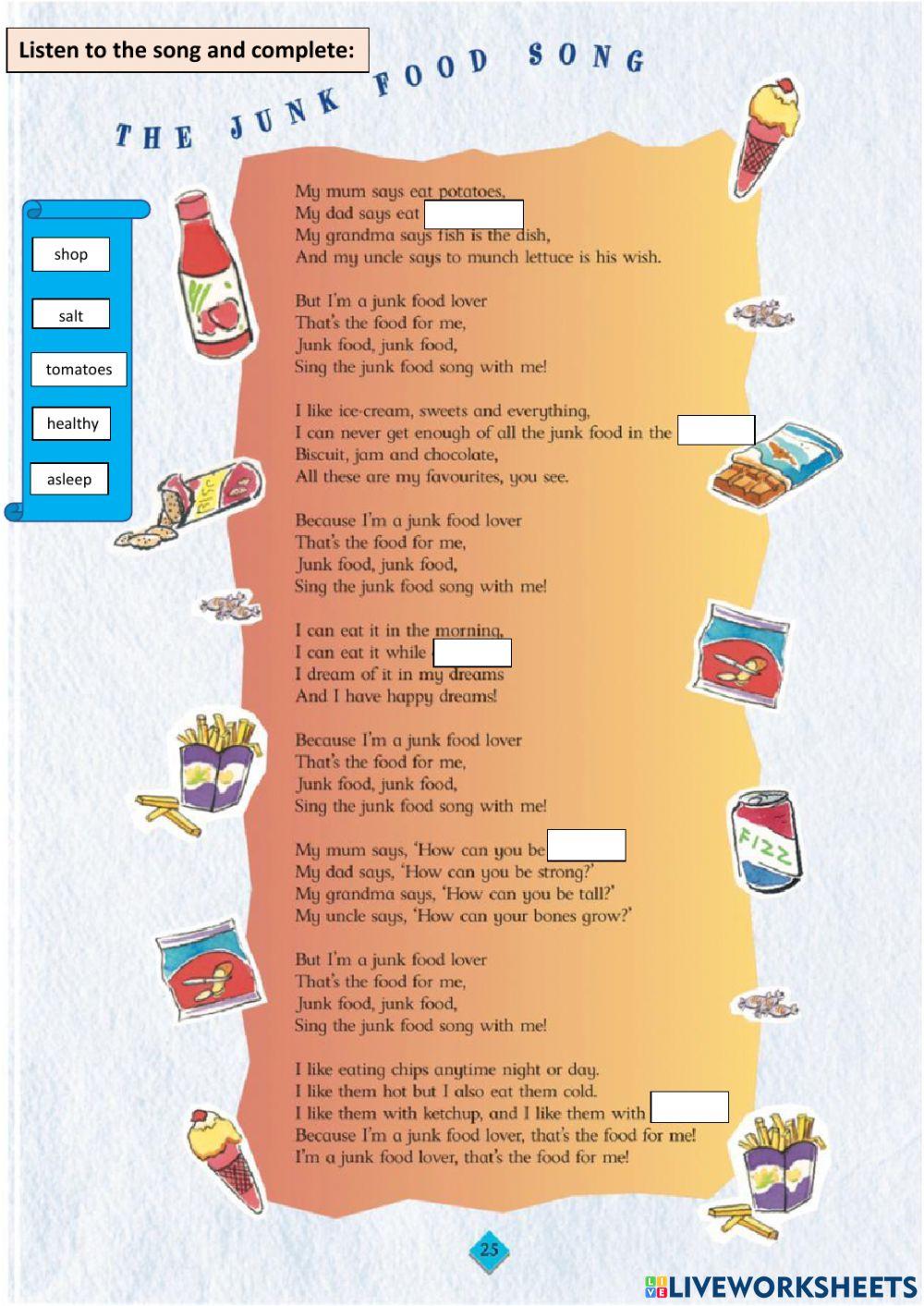 junk food song online exercise for Live Worksheets
