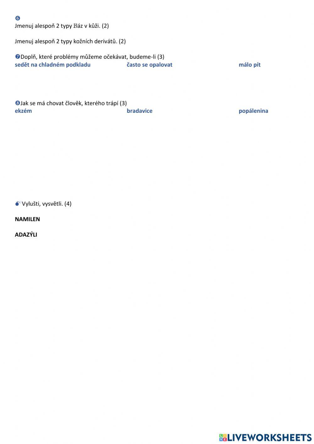 TEST Kožní a vylučovací soustava