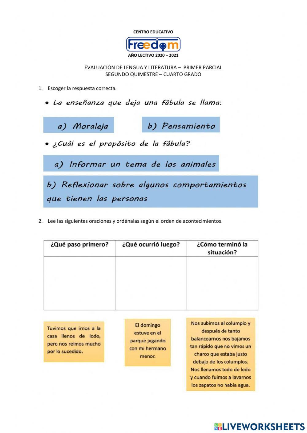 Evaluación- Primer parcial-LENGUA- 2edo QUIMESTRE