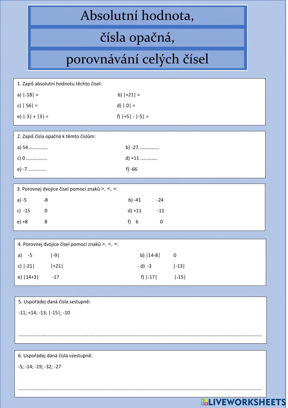 Abs hodnota, opačná čísla, porovnávání celých čísel