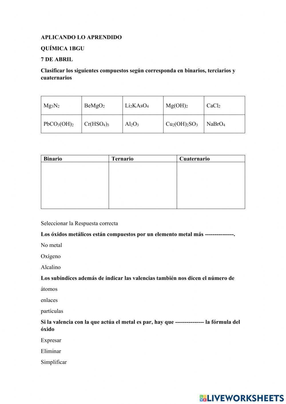 Aplicando lo Aprendido 1BGU Química