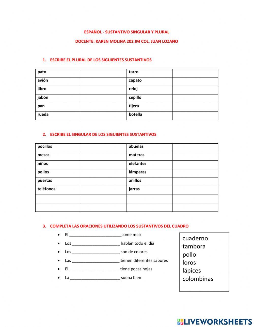 Guía sustantivo singular y plural worksheet | Live Worksheets