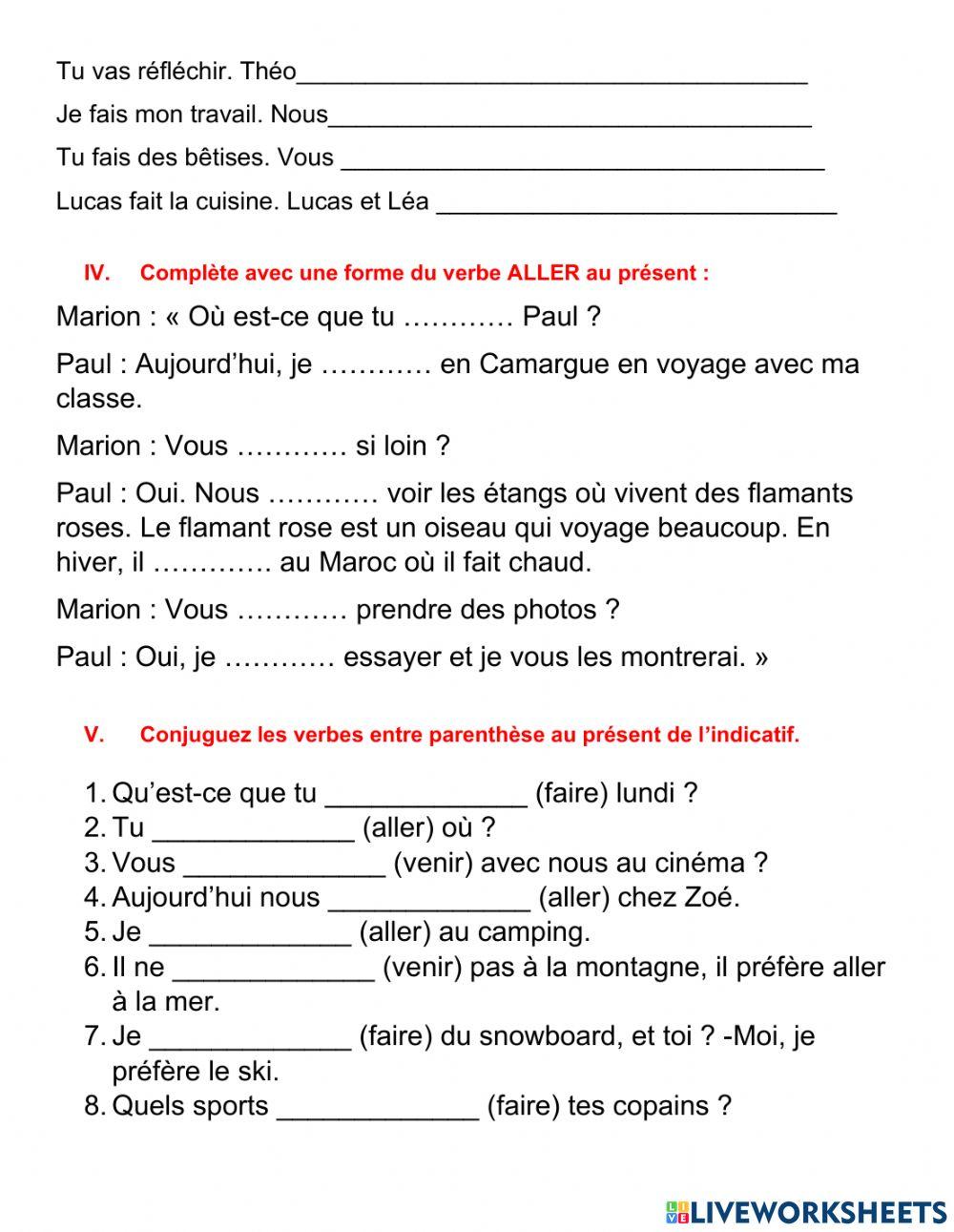 Les verbes aller, venir, faire au présent de l'indicatif