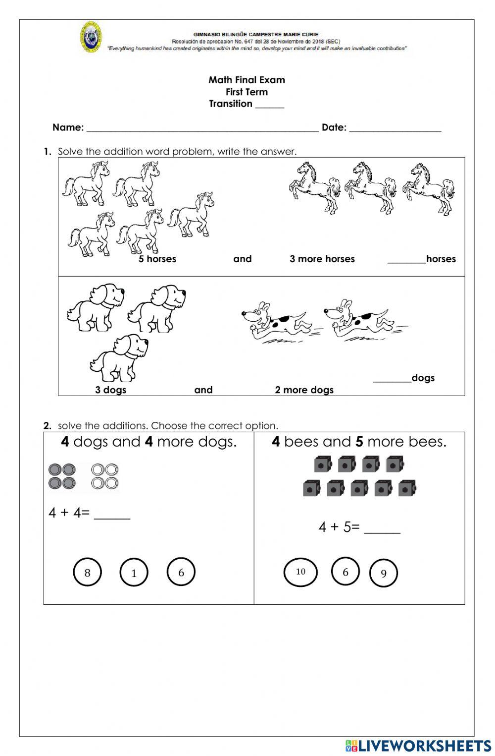 Math exam transition 1st term interactive worksheet live worksheets