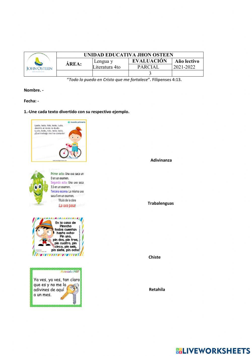 Evaluación 3er Parcial 4to Lengua