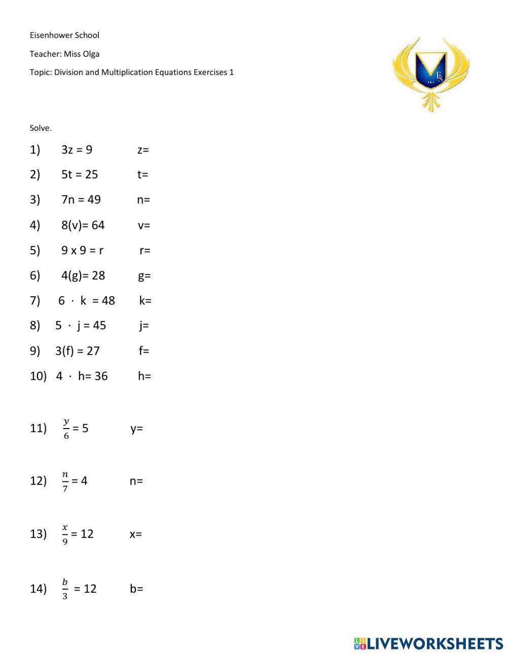 Division and Multiplication Equations Ex 1