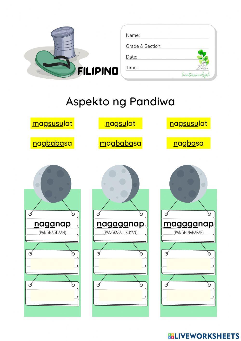 Aspekto Ng Pandiwa Hunterswoodsph Filipino Worksheet Worksheet Live