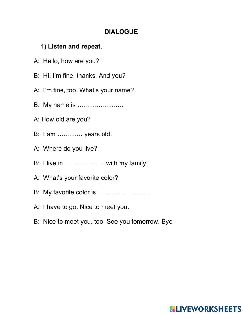 Dialogue practice online exercise for live worksheets