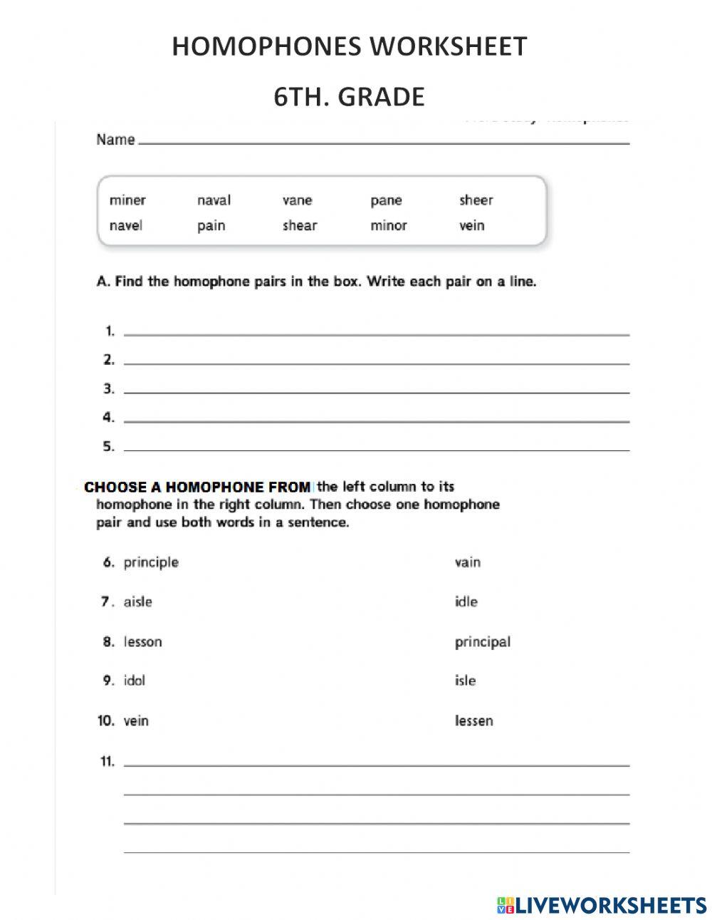 Homophones interactive activity for 6 Live Worksheets