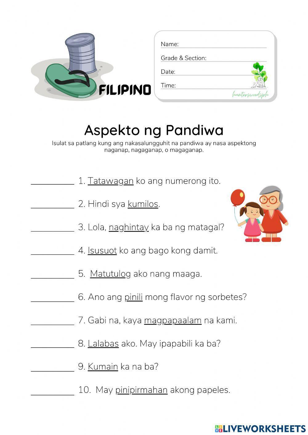 Aspekto ng Pandiwa (HuntersWoodsPH Filipino Worksheet)