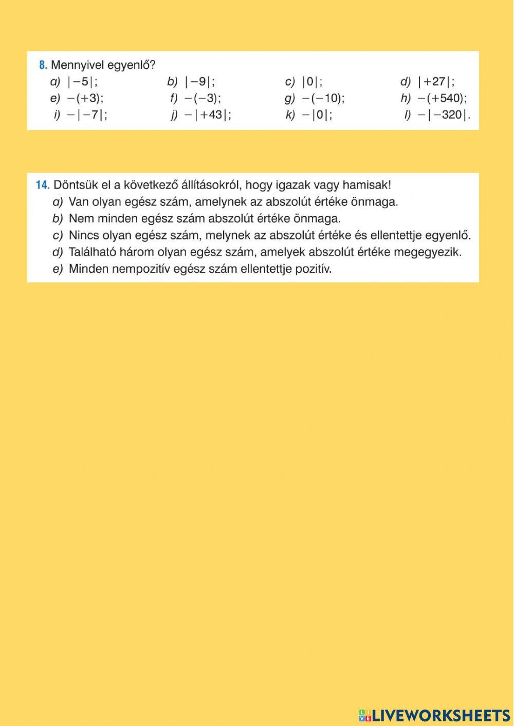 Számok ellentettje, abszolút értéke