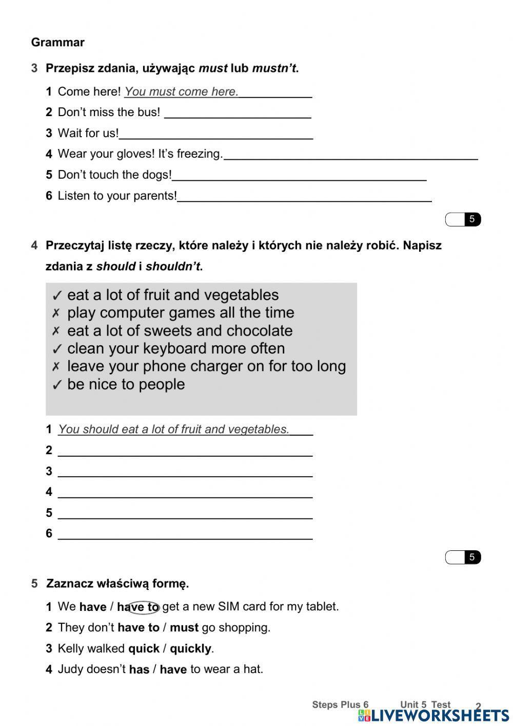 Steps Plus Klasa 6 Testy Pdf Steps plus 6 unit 5 | LiveWorksheets | 4941893