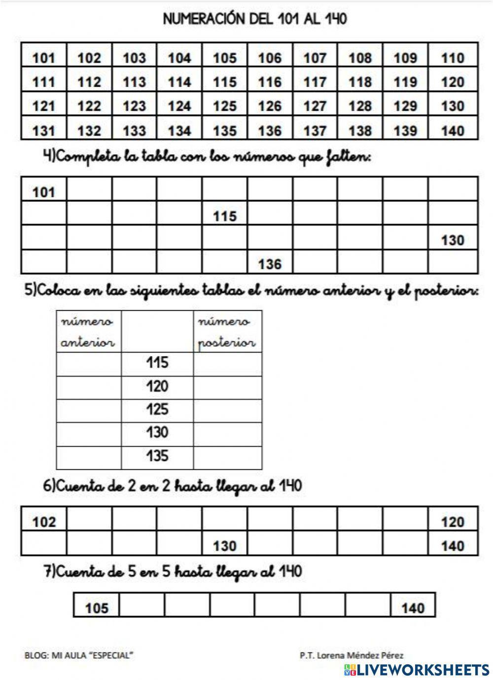 Numeracion del 100 al 140