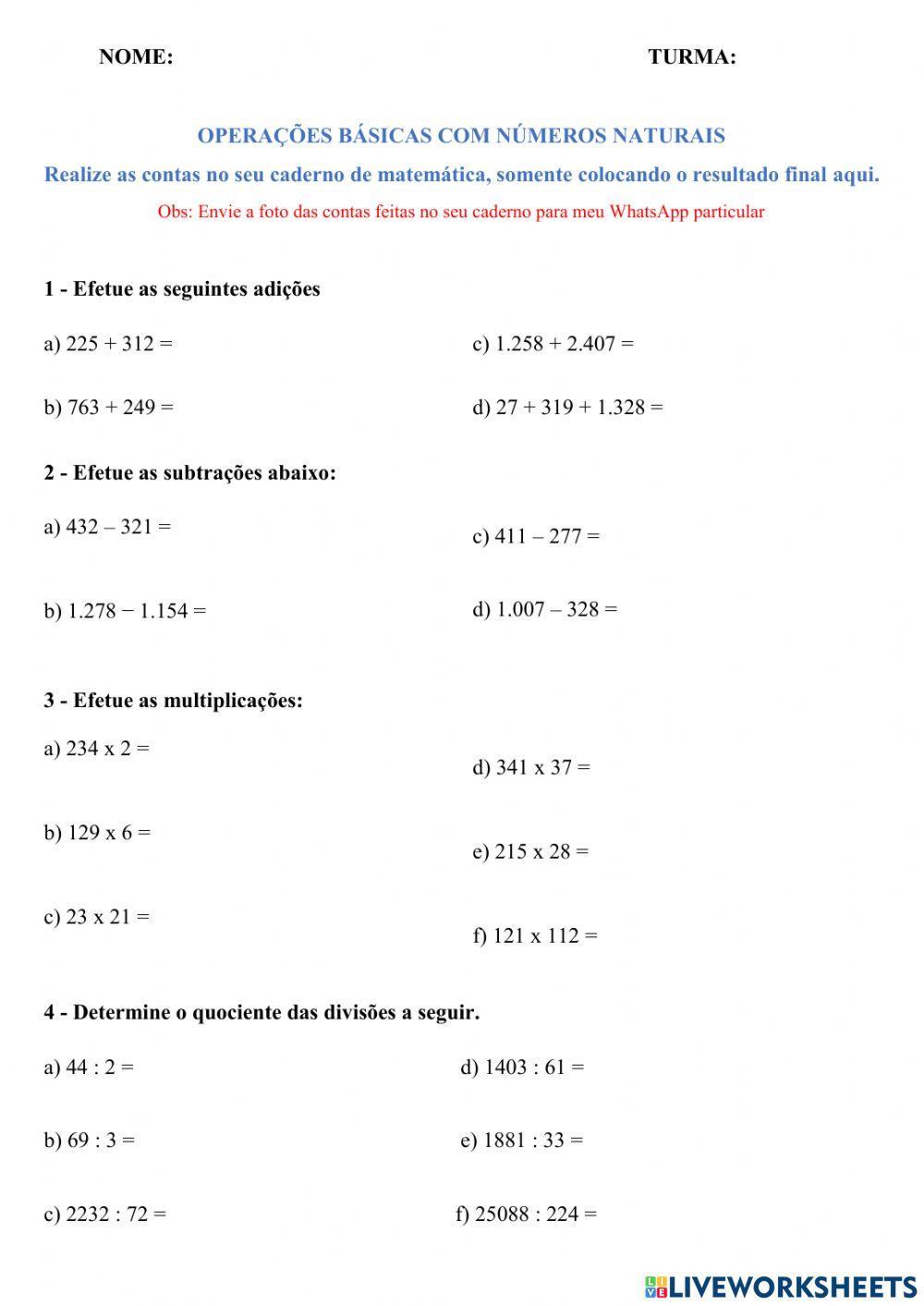 Operações básicas com números naturais
