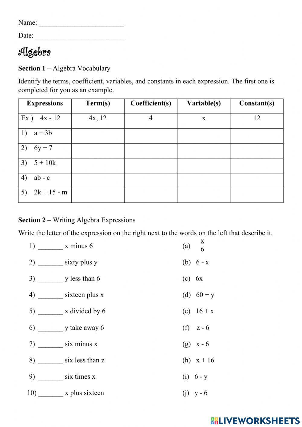 Algebra Vocabulary and Writing Expressions
