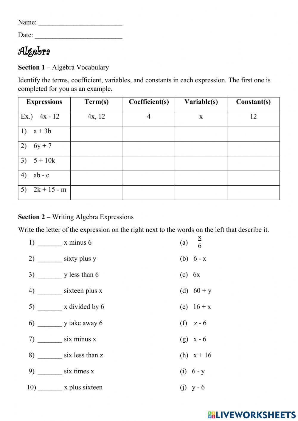 Algebra Vocabulary and Writing Expressions Algebra Vocabulary and Writing Expressions