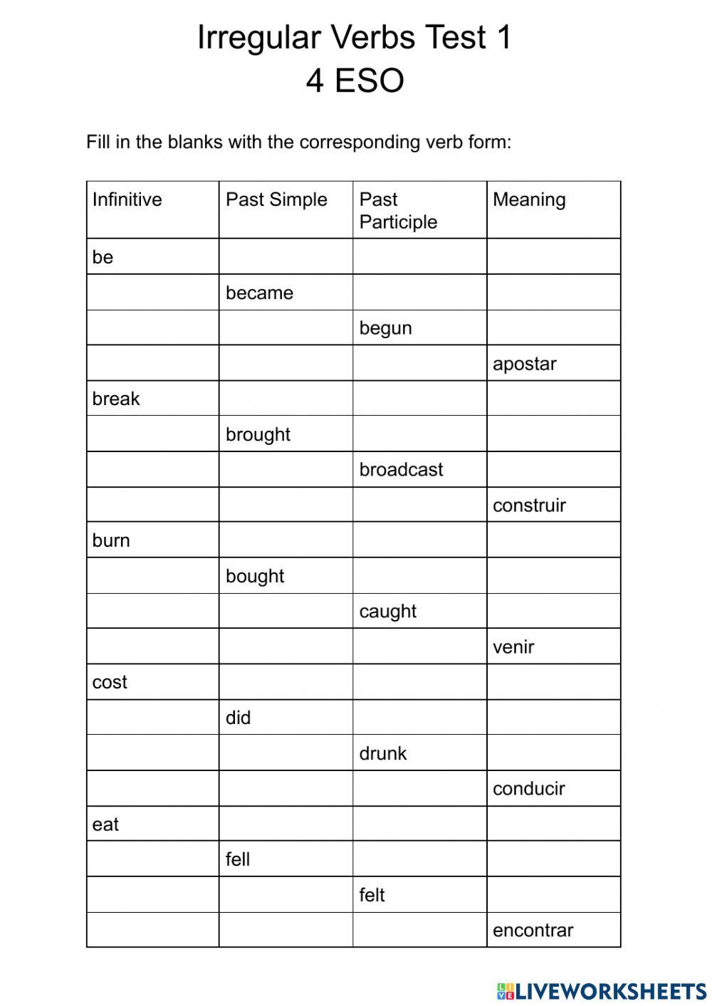 4 ESO Irregular Verbs Test 1
