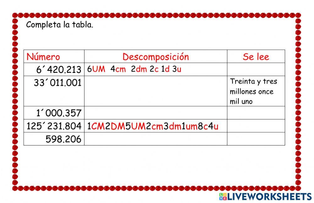 Descomposición y escritura de números hasta centenas de millón