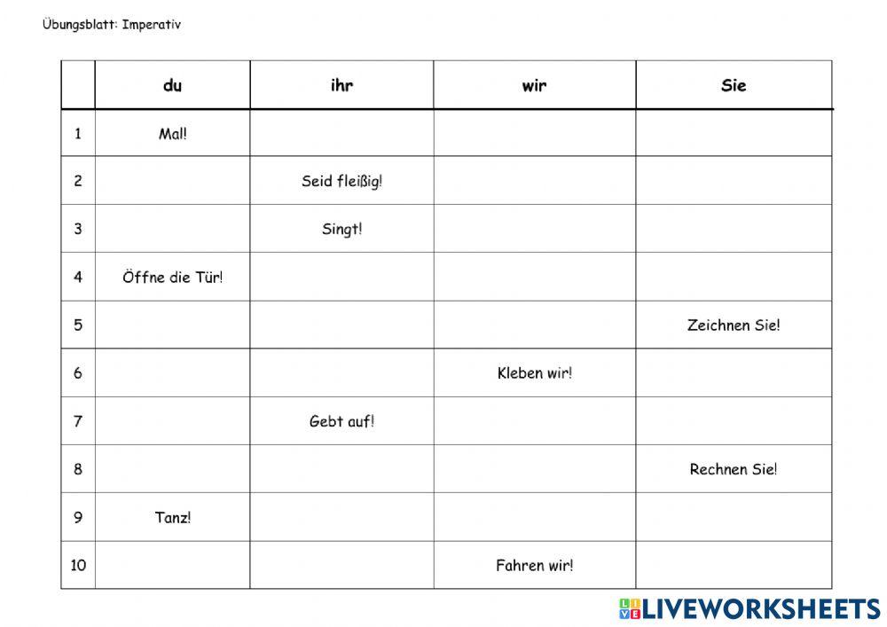 Imperativ (Tabelle ergänzen)