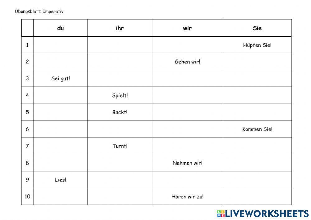 Imperativ 2 (Tabelle ergänzen)