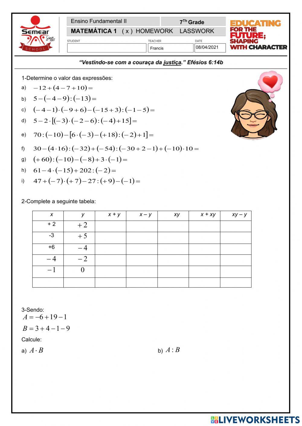 Informática na Escola - by Gika: (ATIVIDADE 19) 7º ano - Quiz: Números  Inteiros (Matemática)