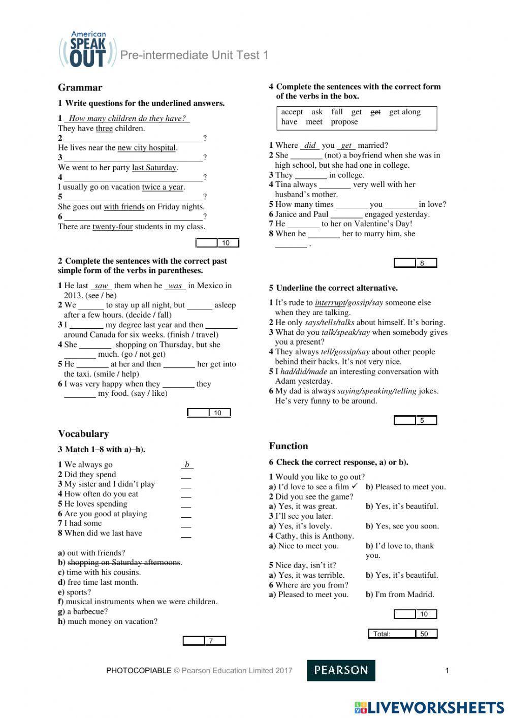 American speakout PRE INTERMEDIATE unit 1 screening test