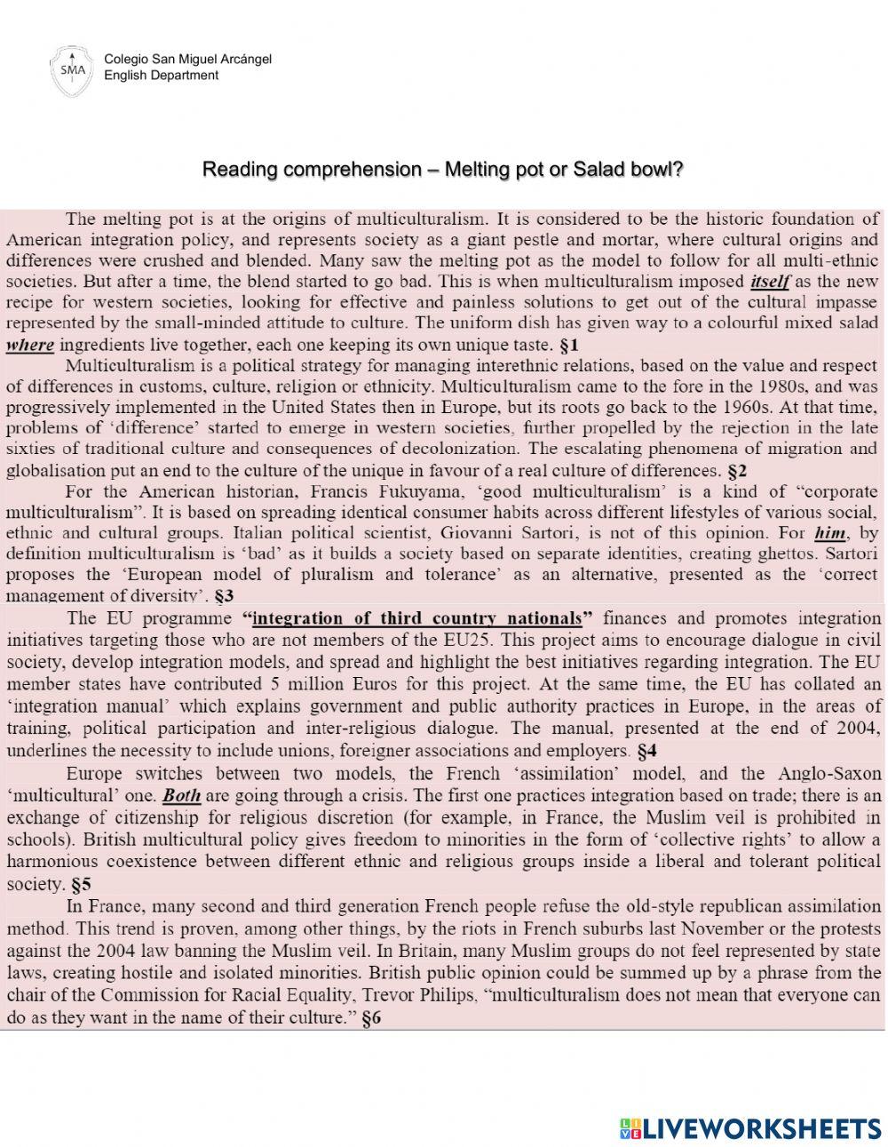 Reading Comprehension Melting pot or Salad Bowl online exercise for