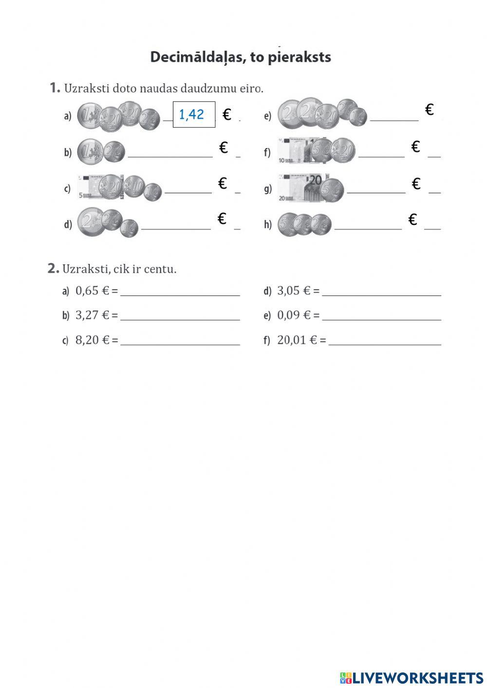 Decimāldaļas, to pieraksts